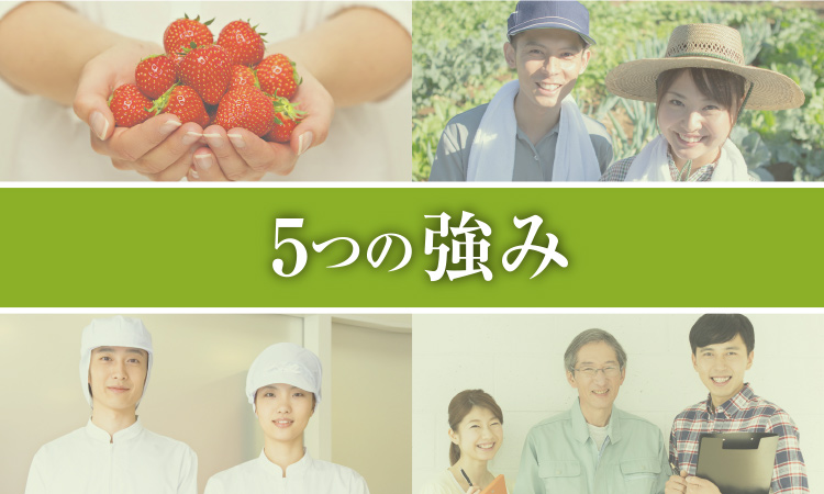 5つの強み　広い販路／全国６００店以上とお取り引き　柔軟な決済／商談ごとの多彩な条件にも柔軟に対応　有益情報の提供／営業活動で得た有益情報を提供　商品開発／生産者とコラボして商品作りも　チャレンジ精神／「やってみます！」のチャレンジ精神
